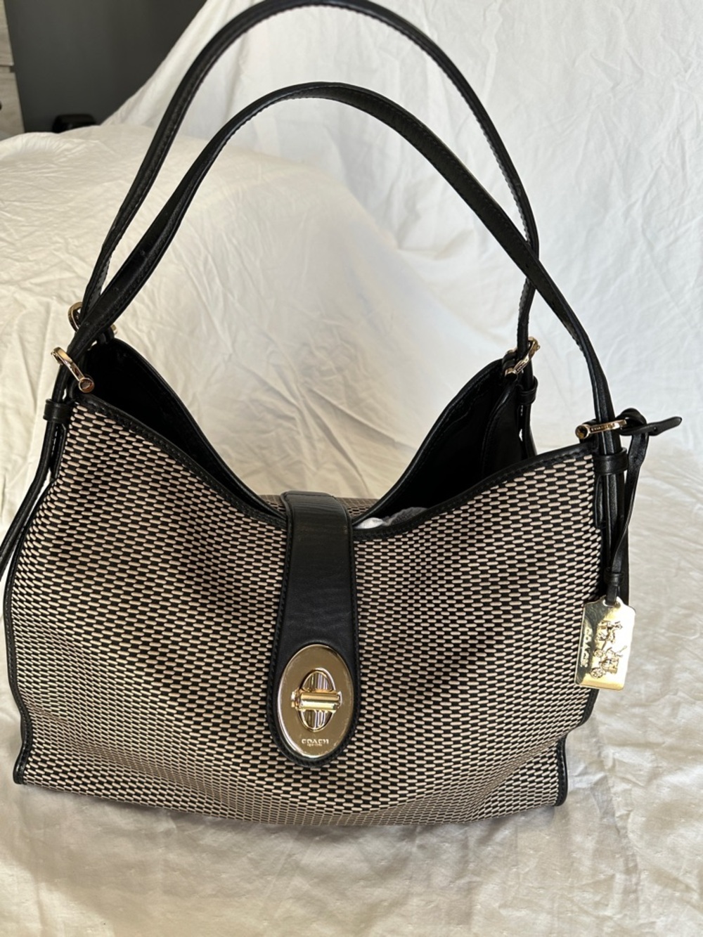 Coach Black and Cream Woven Shoulder Bag with Gold Hardware